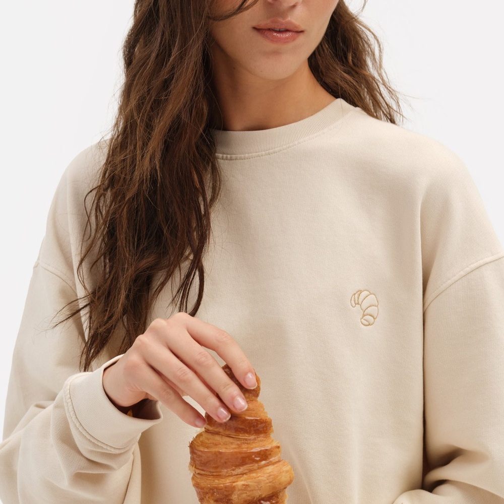 Mate Cream French Croissant Embroidered Oversized Sweatshirt - Size M